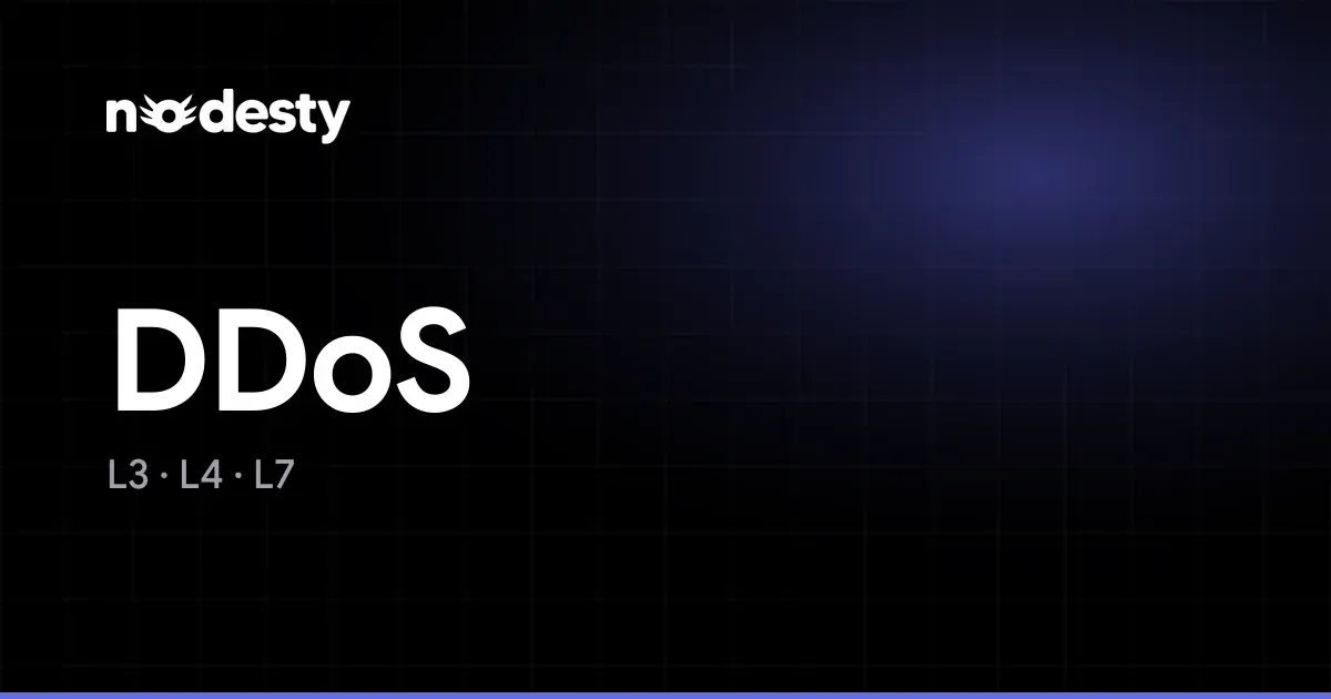 The word DDoS with the network layers L3, L4 and L7 on a dark Nodesty background