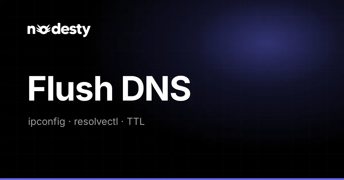 The words Flush DNS with ipconfig, resolvectl and TTL on a dark Nodesty background