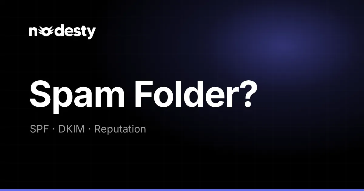 Koyu Nodesty arka planında Spam Folder? yazısı ile SPF, DKIM ve Reputation ifadeleri
