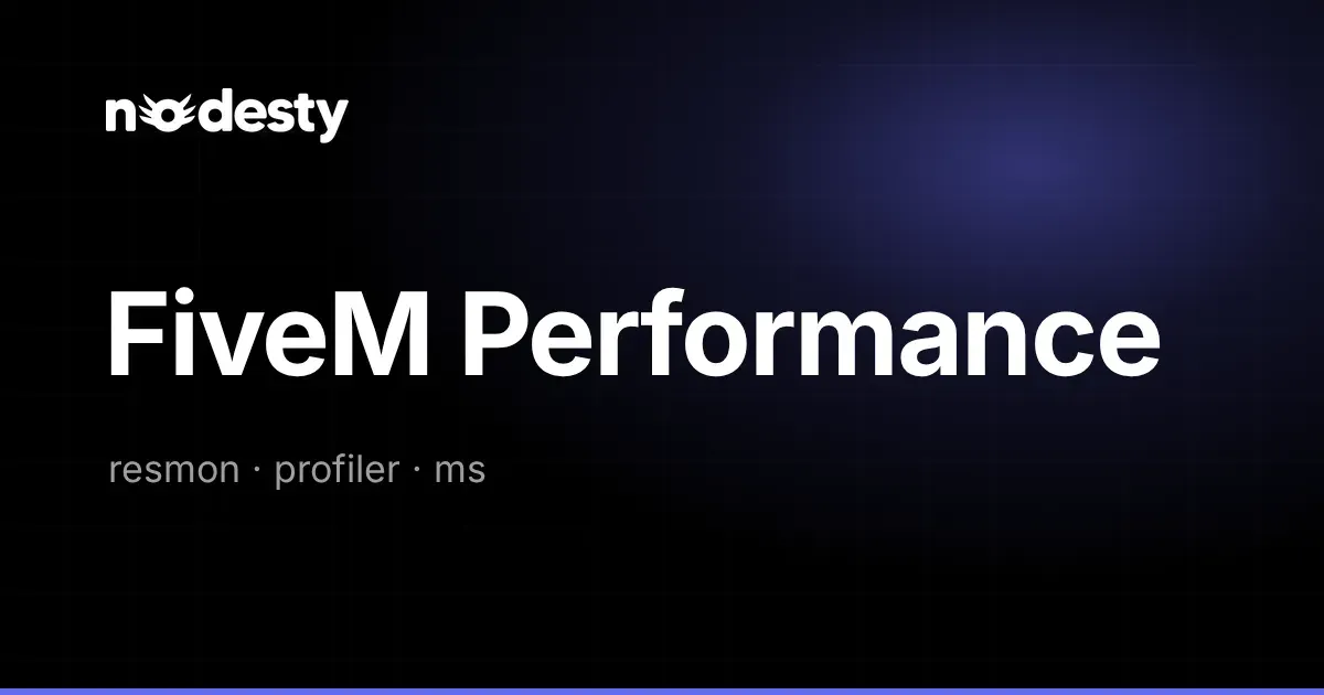 The words FiveM Performance with resmon, profiler and ms on a dark Nodesty background