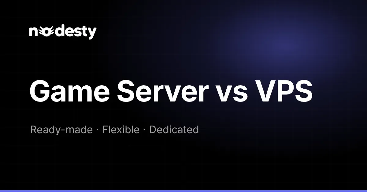 Koyu Nodesty arka planında Game Server vs VPS yazısı ile Ready-made, Flexible ve Dedicated ifadeleri