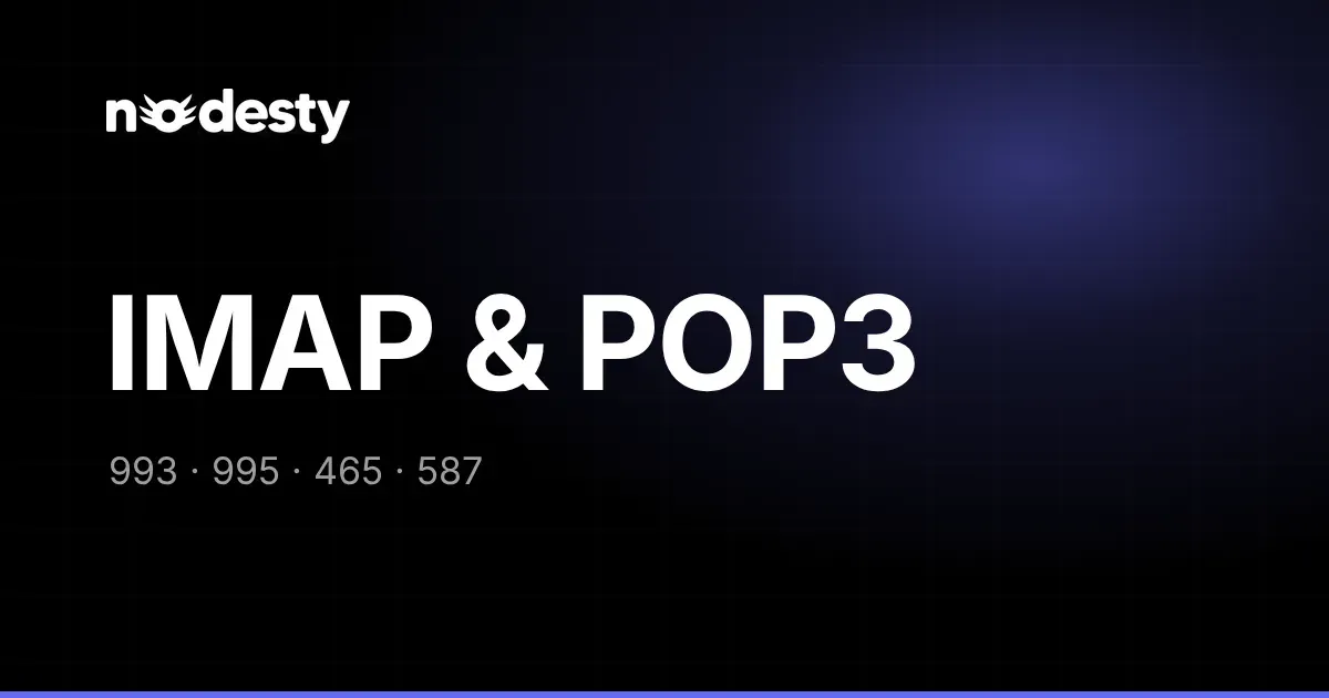 The words IMAP & POP3 with the port numbers 993, 995, 465 and 587 on a dark Nodesty background