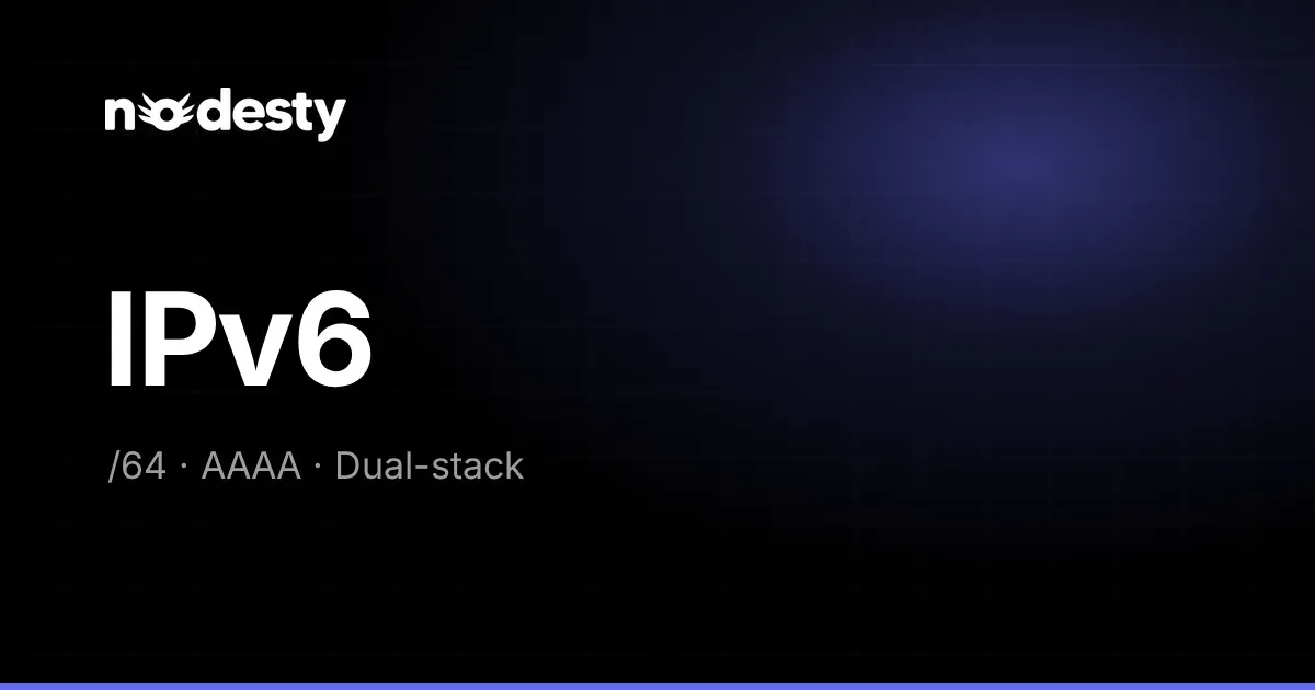Koyu Nodesty arka planında IPv6 yazısı ile /64, AAAA ve Dual-stack ifadeleri