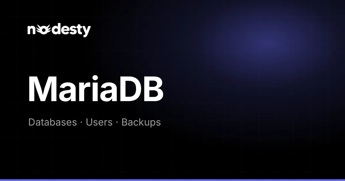 The word MariaDB with Databases, Users and Backups on a dark Nodesty background