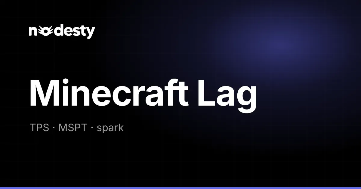 Koyu Nodesty arka planında Minecraft Lag yazısı ile TPS, MSPT ve spark ifadeleri
