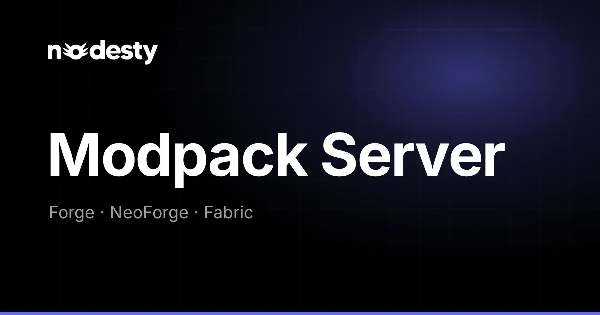 The words Modpack Server with Forge, NeoForge and Fabric on a dark Nodesty background