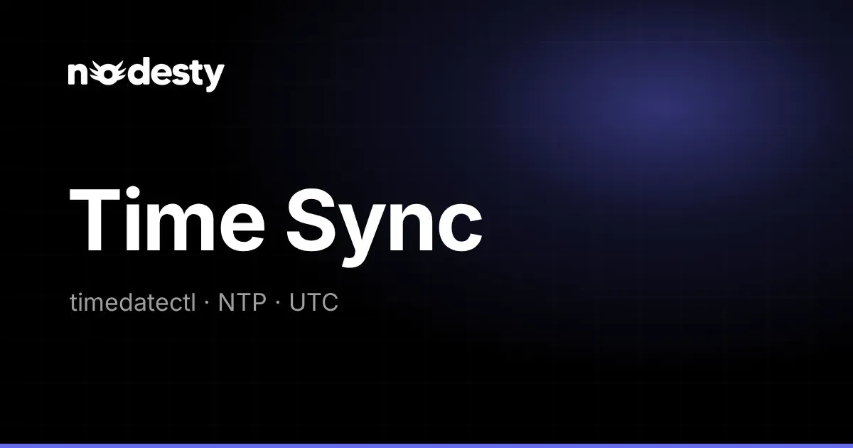 The words Time Sync with timedatectl, NTP and UTC on a dark Nodesty background