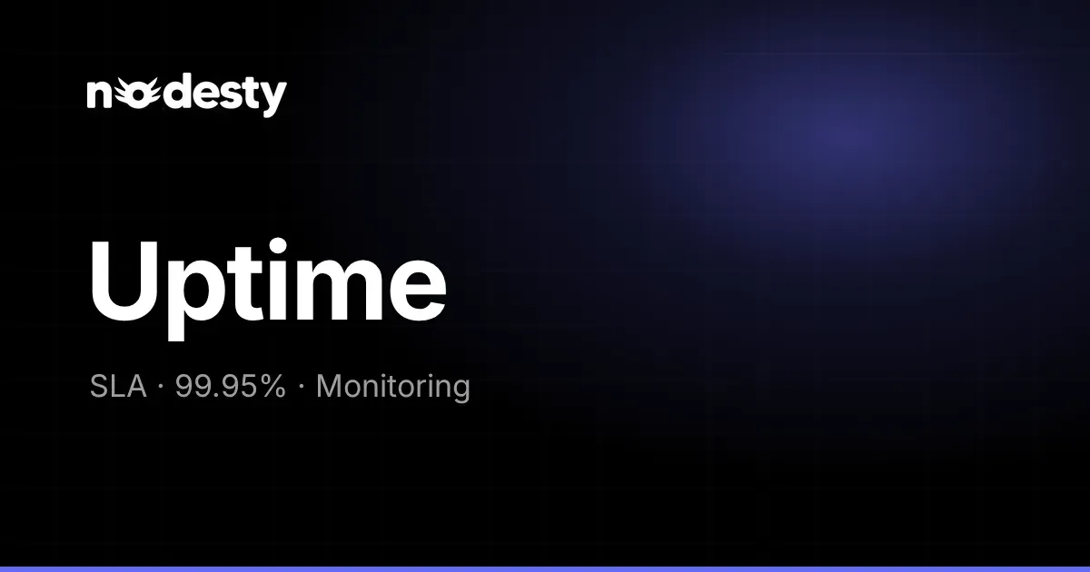 The word Uptime with SLA, 99.95% and Monitoring on a dark Nodesty background
