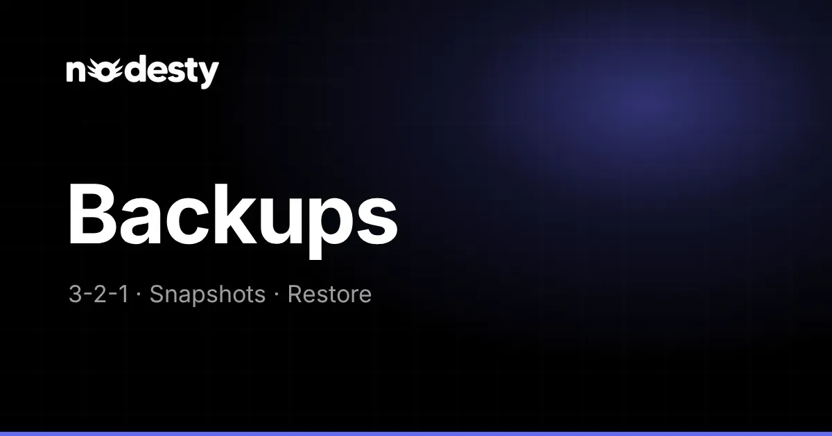 The word Backups with 3-2-1, Snapshots and Restore on a dark Nodesty background