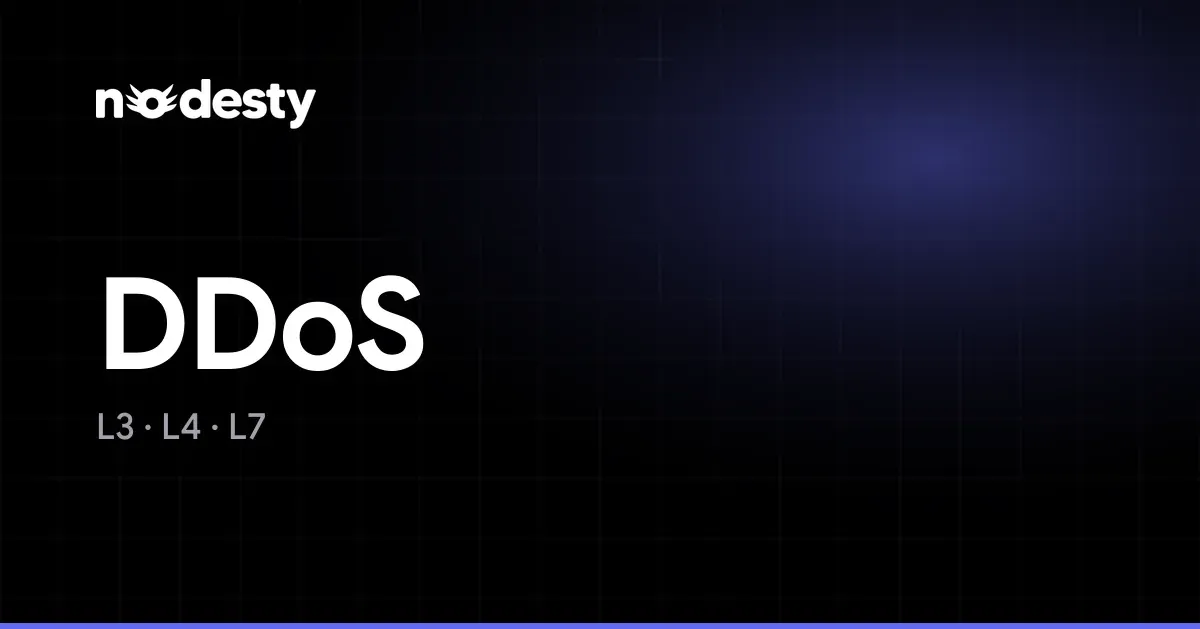 The word DDoS with the network layers L3, L4 and L7 on a dark Nodesty background