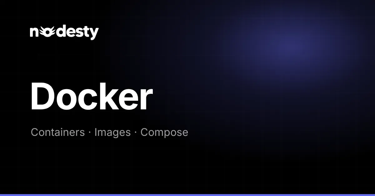 The word Docker with Containers, Images and Compose on a dark Nodesty background