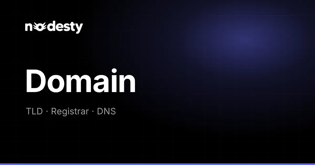 The word Domain with TLD, Registrar and DNS on a dark Nodesty background