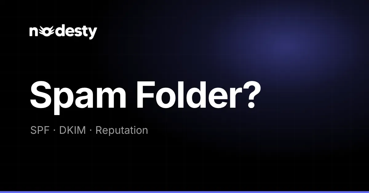 Koyu Nodesty arka planında Spam Folder? yazısı ile SPF, DKIM ve Reputation ifadeleri