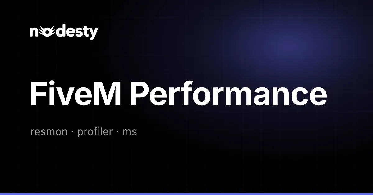 The words FiveM Performance with resmon, profiler and ms on a dark Nodesty background