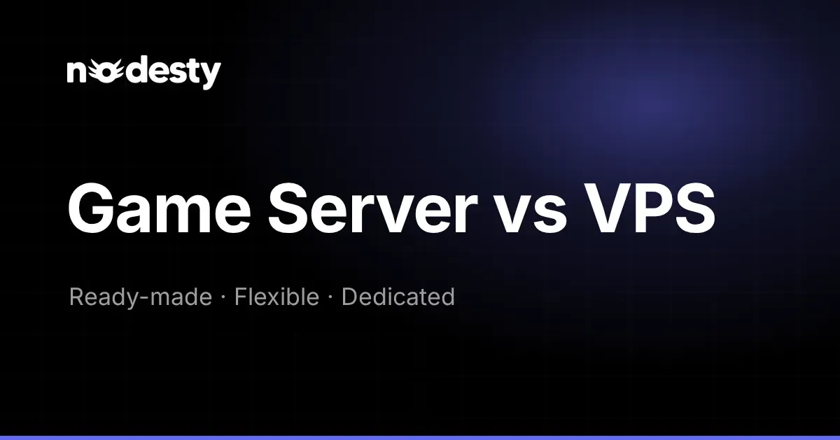 Koyu Nodesty arka planında Game Server vs VPS yazısı ile Ready-made, Flexible ve Dedicated ifadeleri