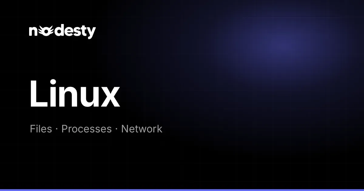 The word Linux with Files, Processes and Network on a dark Nodesty background