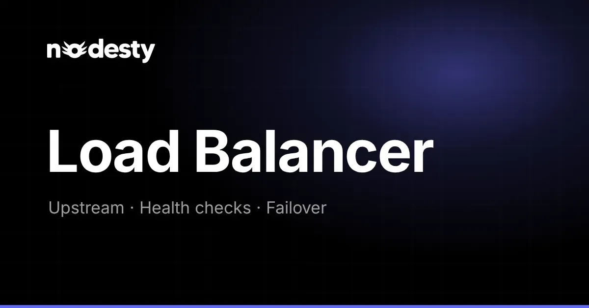 The words Load Balancer with Upstream, Health checks and Failover on a dark Nodesty background