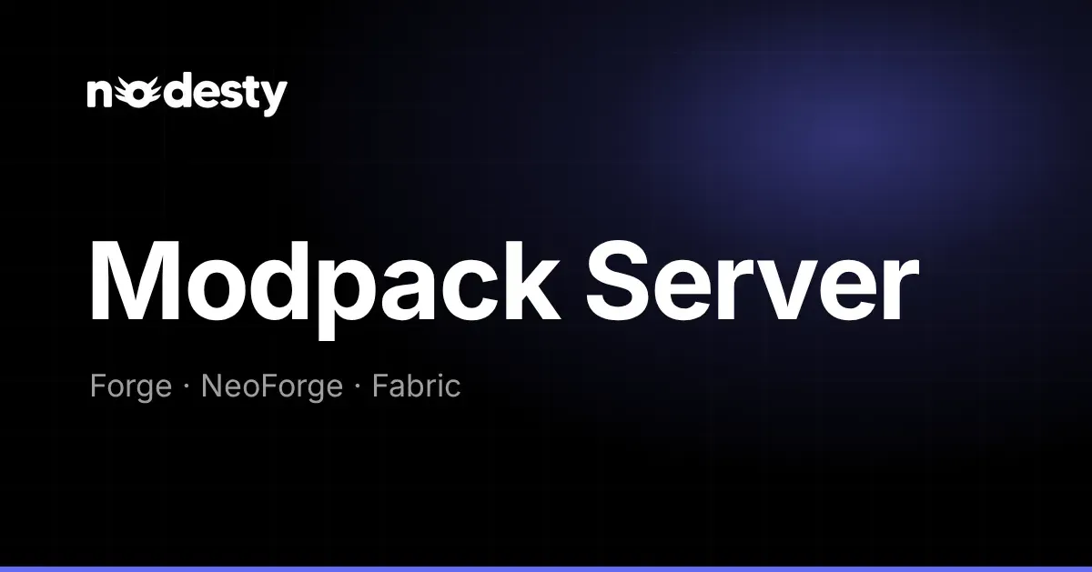 The words Modpack Server with Forge, NeoForge and Fabric on a dark Nodesty background