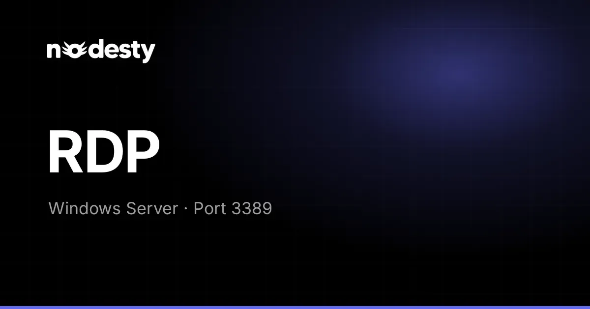 The word RDP with Windows Server and Port 3389 on a dark Nodesty background
