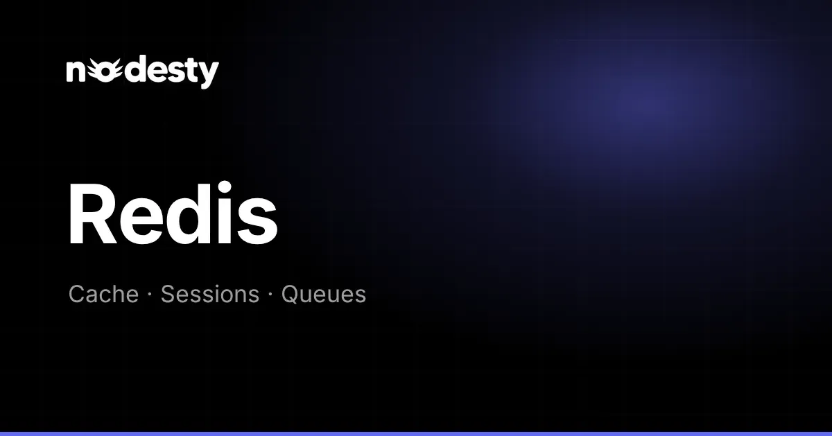 The word Redis with Cache, Sessions and Queues on a dark Nodesty background
