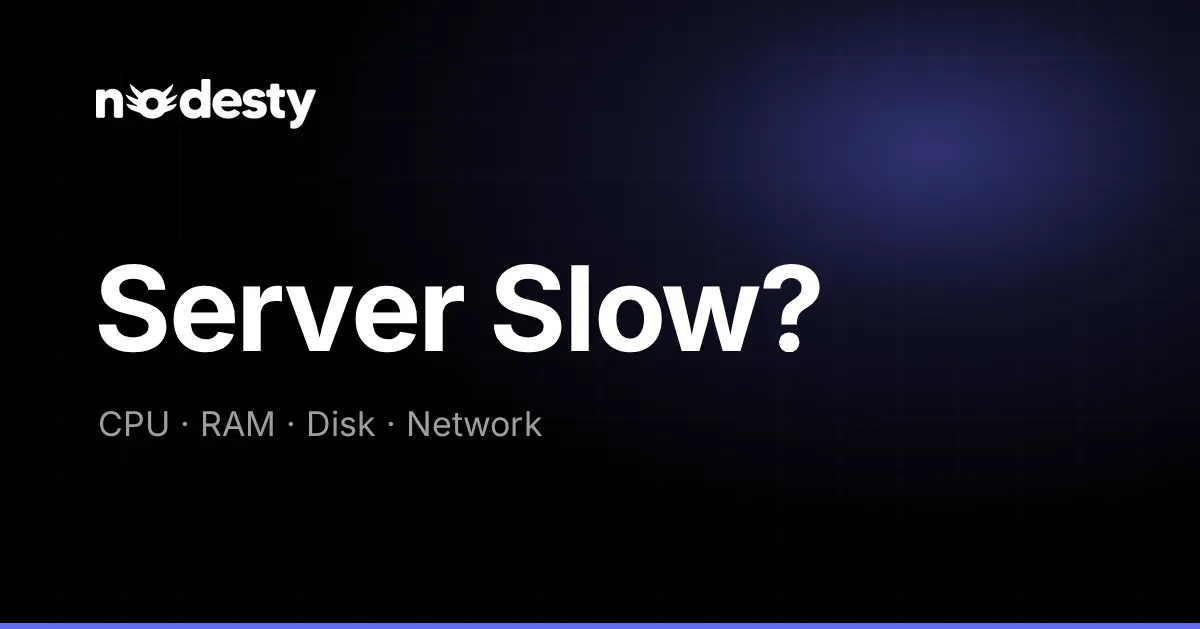 The words Server Slow? with CPU, RAM, Disk and Network on a dark Nodesty background