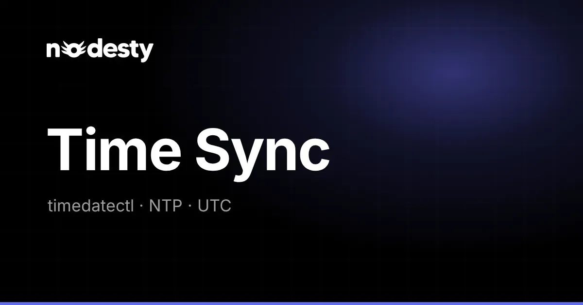 The words Time Sync with timedatectl, NTP and UTC on a dark Nodesty background