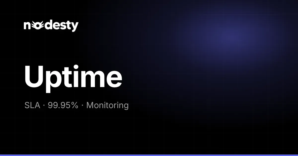 The word Uptime with SLA, 99.95% and Monitoring on a dark Nodesty background