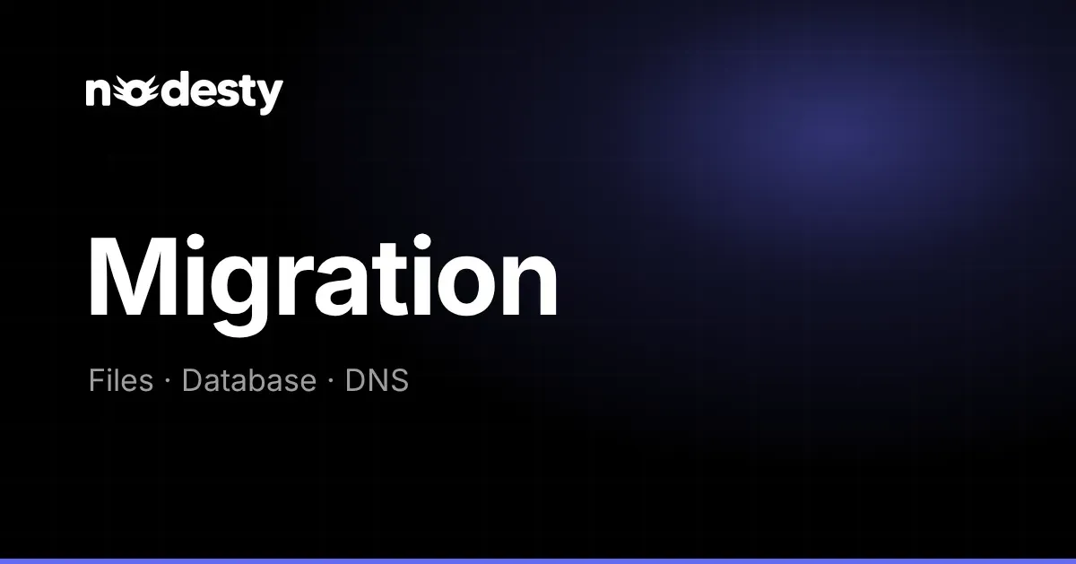 The word Migration with Files, Database and DNS on a dark Nodesty background